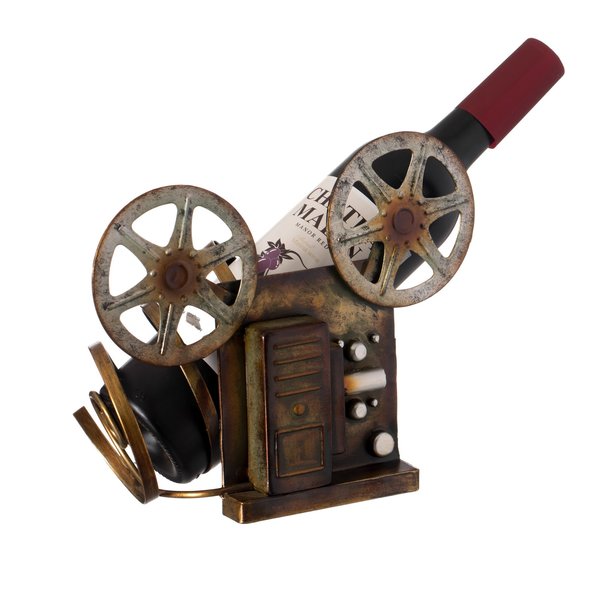 Vintiquewise Decorative Bronze Metal Vintage Single Bottle Film Projector Wine Holder for Tabletop or Countertop QI004536